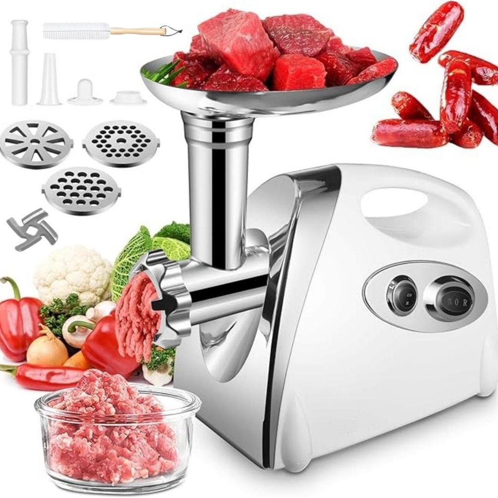 2800W Elektrischer Fleischwolf, 3in1 Multi Küchenmaschine,Super-intelligenter Wärmeschutz,Wurstmaschine mit 3 Lochscheiben, 4 Kegel-Klingen, weiß