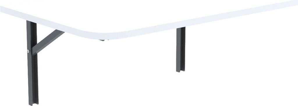 A white wall-mounted folding table with dark gray metal legs, shown from a side-diagonal angle.