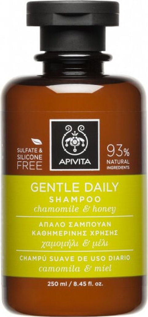 A product shot of a shampoo bottle against a white background.