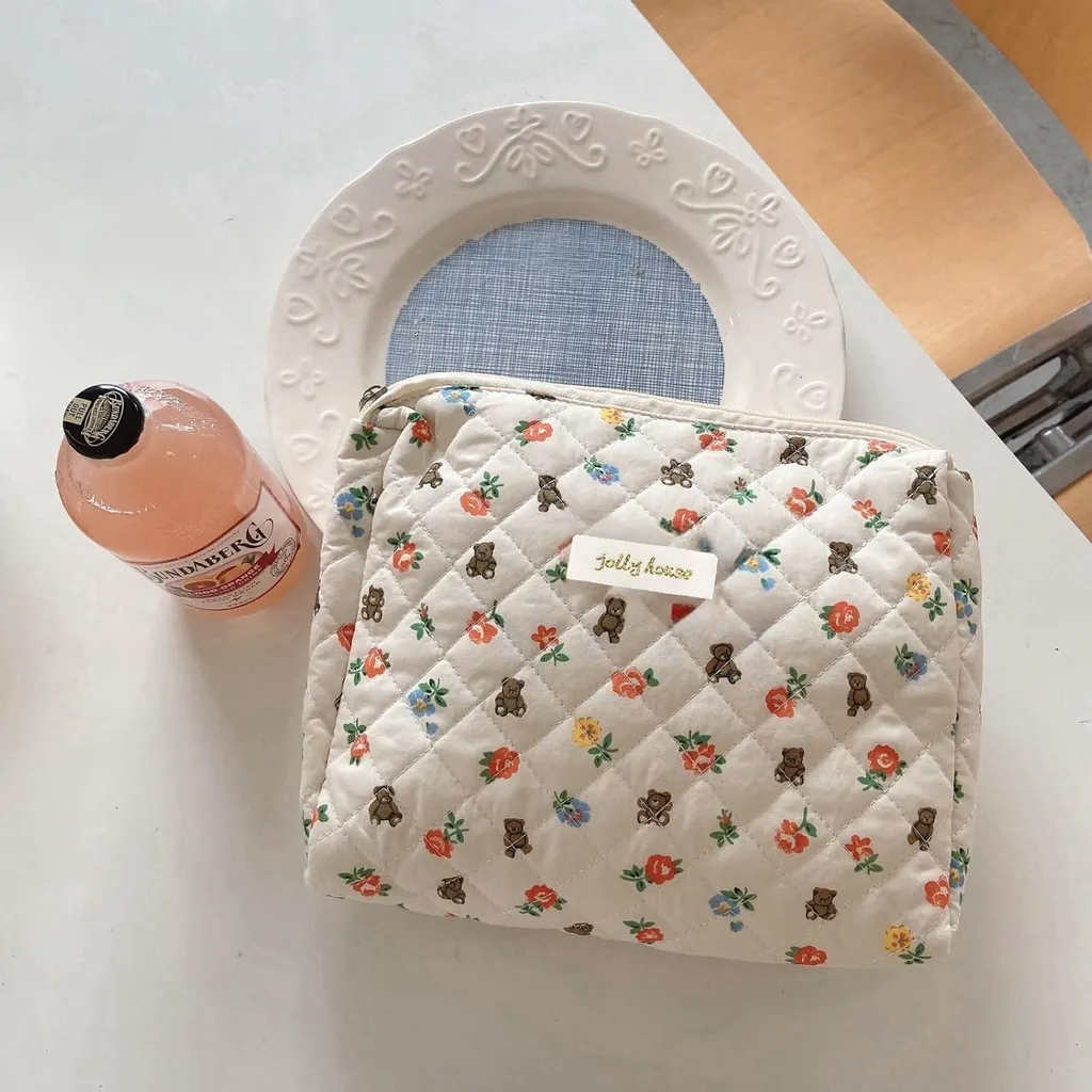 Trousse de maquillage matelassée en coton fleuri, grand format voyage
