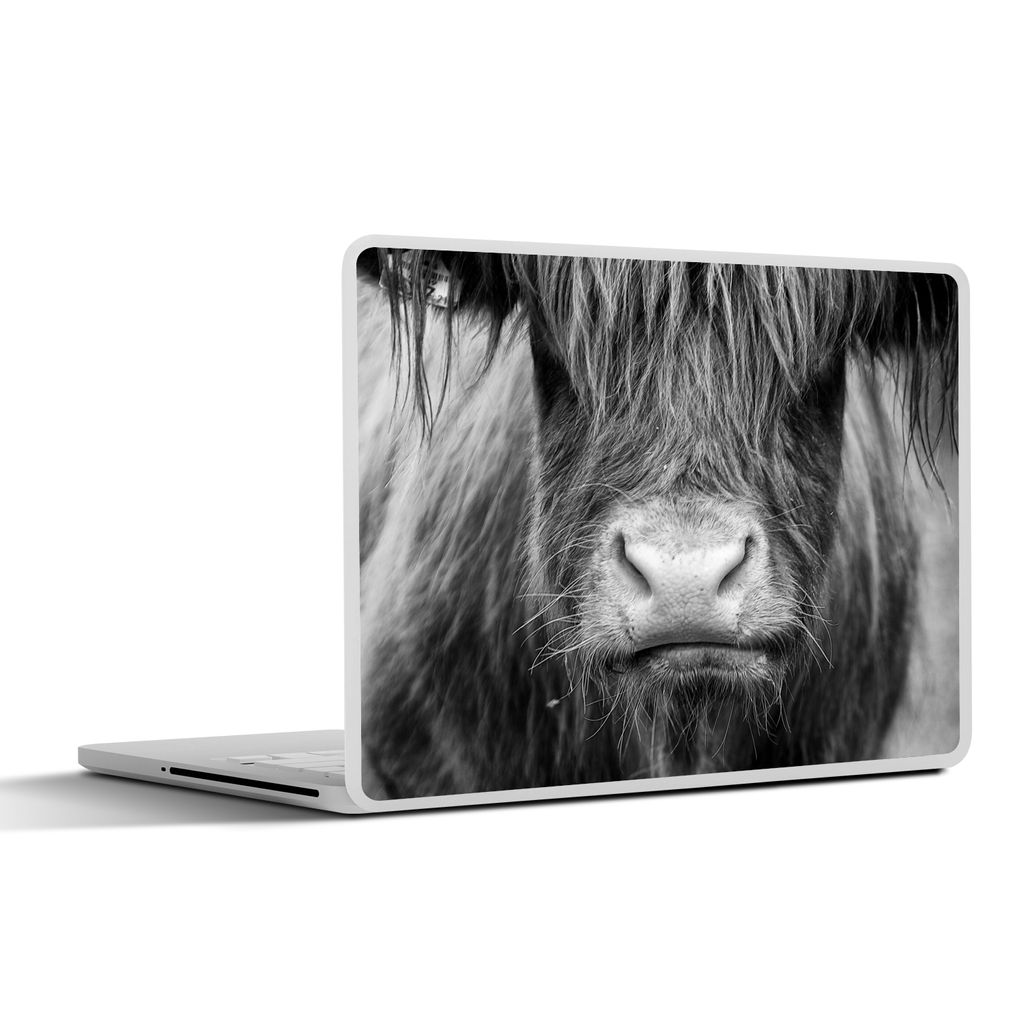 MuchoWow Laptop Aufkleber Sticker Cover Schottischer Highlander - Kuh - Schwarz - Weiß - Tiere 31x22.5 cm - Laptop-Deko