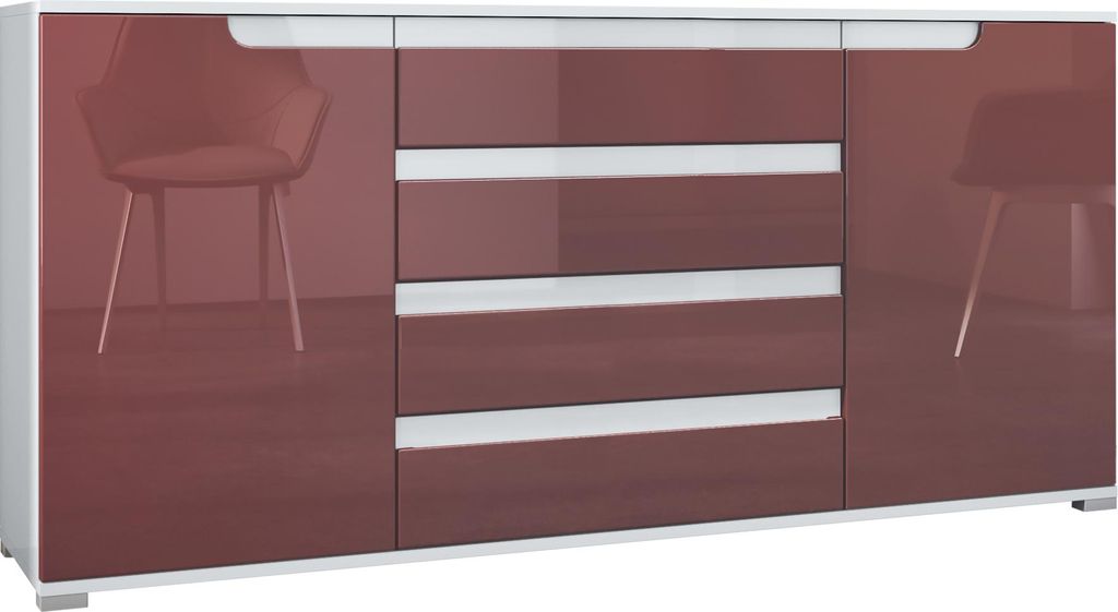 Vladon Sideboard Sylt V2, Kommode mit 2 Türen und 4 Schubladen, Korpus - Weiß matt / Front - Bordeaux Hochglanz / Absetzung - Weiß Hochglanz (16...