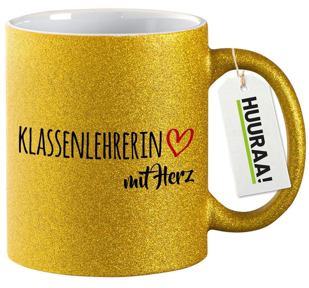 Huuraa Glitzertasse Klassenlehrerin mit Herz 330ml Gold Keramik Kaffeebecher Geschenkidee