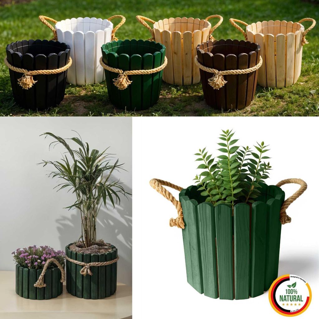 Floranica Runder Blumentopf 20 x 30 cm Grün Pflanzentopf aus Kieferholz für Haus Garten