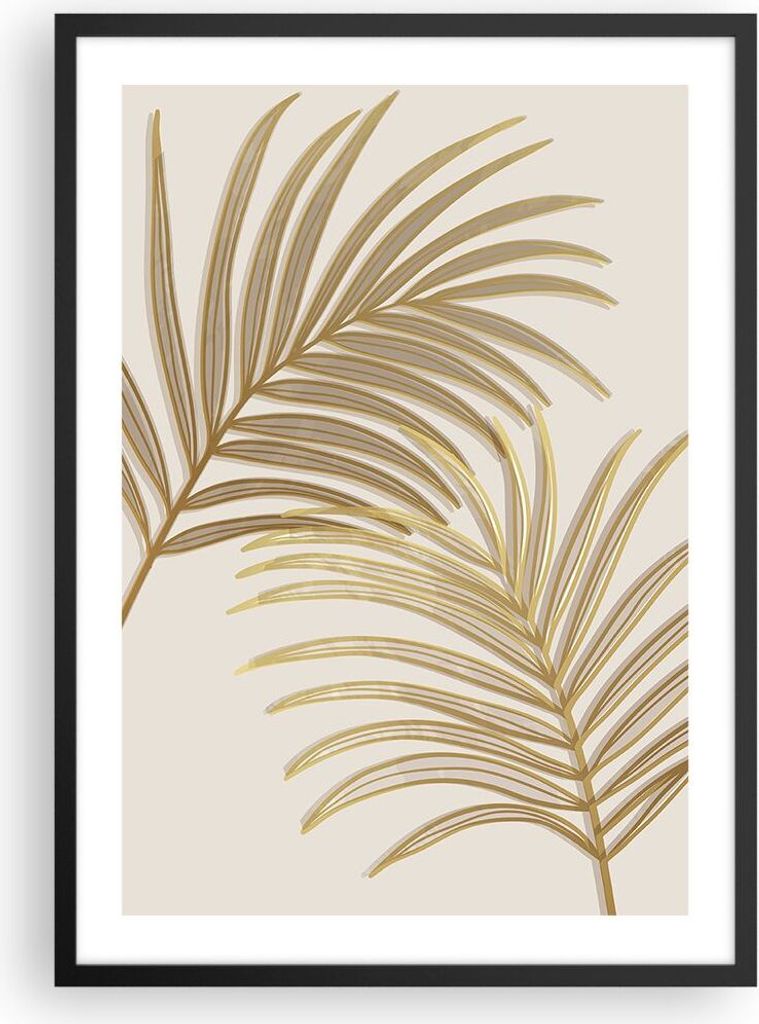 Gerahmtes Poster - Schwarzer Rahmen - Golden Blätter Palmen - 50x70 cm - Wand Bild - Wanddeko - Wandbilder - Kunstposter - Wandposter - Bilderrahm...