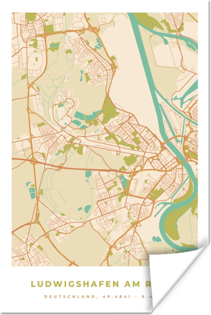 MuchoWow Poster Karte - Ludwigshafen am Rhein - Jahrgang - Stadtplan 40x60 cm - Plakate für die Wand - Poster Babyzimmer