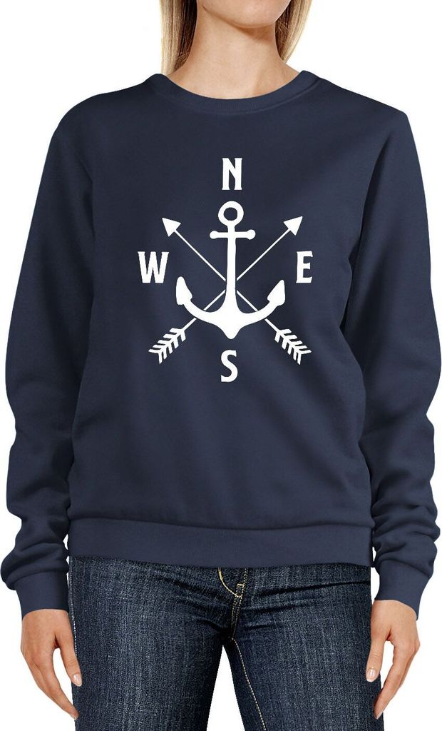Sweatshirt Damen Aufdruck Motiv Anker Kompass Pfeile Rundhals-Pullover Pulli Sweater Moonworks navy XS