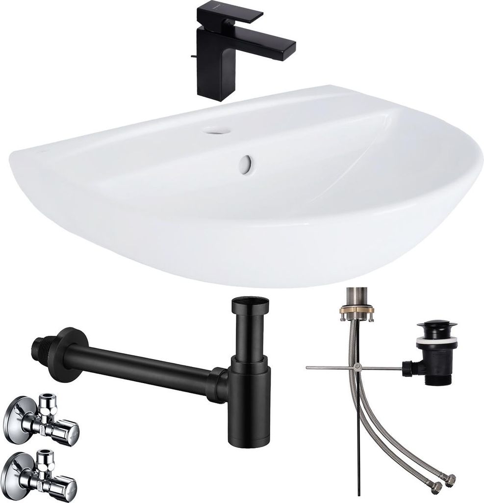 Waschbecken Komplettset Tulpe 55 cm mit Hansgrohe Armatur Ablaufgarnitur schwarz und Siphon + Schell Eckventil