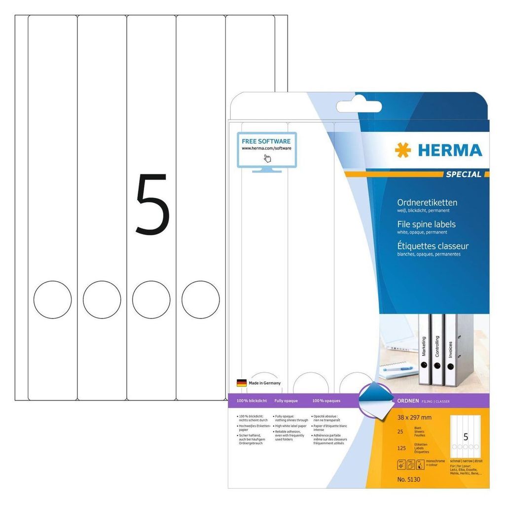 HERMA Ordneretiketten A4 weiß 38x297 mm Papier opak 125 St. Produktbild 
