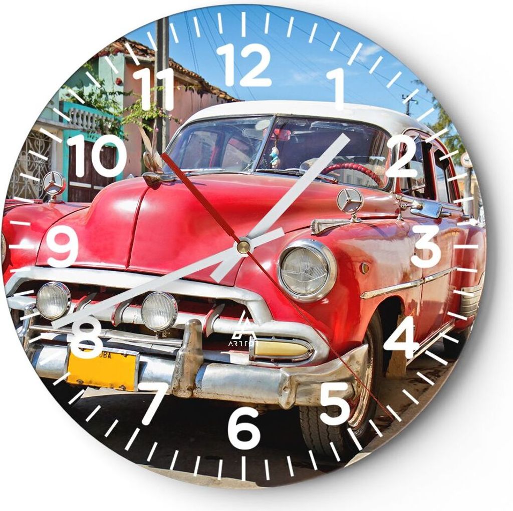 Wanduhr - Rund - Glasuhr - Chevrolet Auto Havanna - 40x40cm - Schleichendes Uhrwerk - Lautlos - zum Aufhängen bereit - Dekoration Modern - Wanddek...