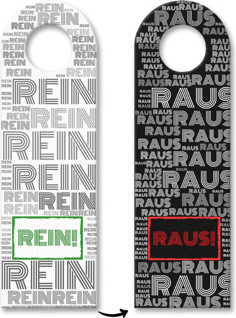 Türhänger aus Filz Rein oder raus mit Wortwolken Türhänger Produktbild 