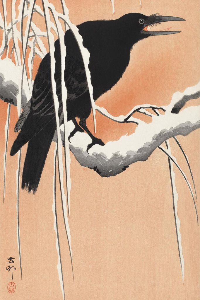 Plakat 30x45cm Krähe auf schneebedecktem Ast, Japanischer Koson Vintage für das Wohnzimmer