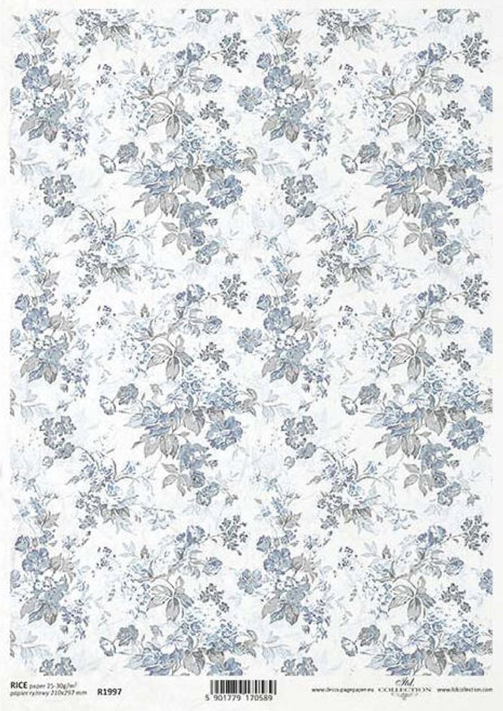 ITD Reispapier Decoupage Bastelpapier, R1997 Tapetenmotiv, Blumen in Blautönen