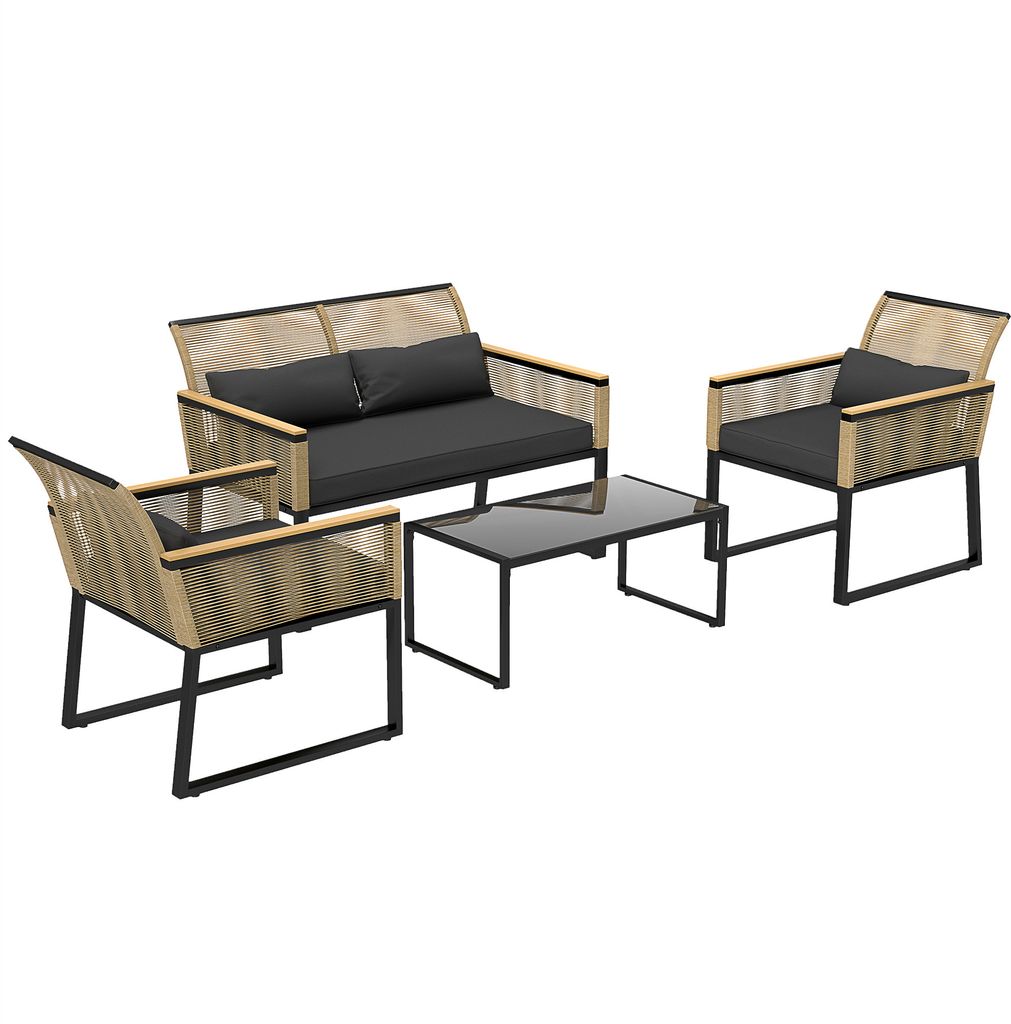 Outsunny Polyrattan Gartenmöbel Set 4 Personen, wetterfest Balkonmöbel-Set mit 2er Sofa, 2 Stühle Glastisch Sitzkissen, Outdoor Sitzgruppe, Terr...