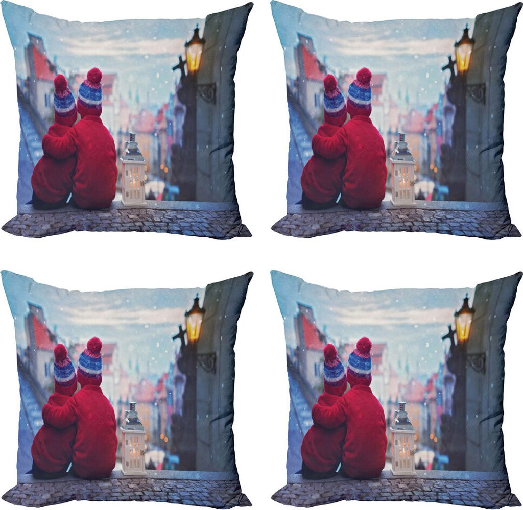 ABAKUHAUS Winter Kissenbezug Set (4 Stück), Kinder mit gleichen Kleidern, Moderner Doppelseitiger Digitaldruck, 50 cm x 50 cm, Mehrfarbig
