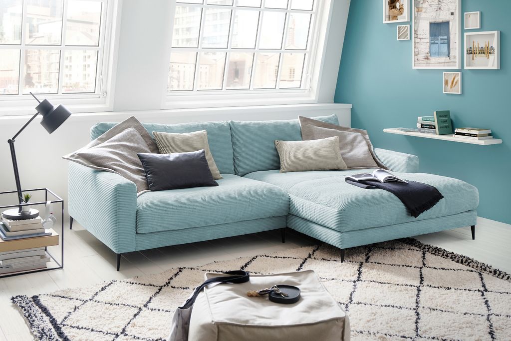 KAWOLA Ecksofa CARA Sofa Recamiere links Cord hellblau