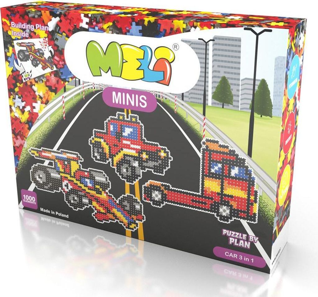 Meli Minis Car 3-in-1 Konstruktionsset – 1000 Teile inkl. Spielmatte