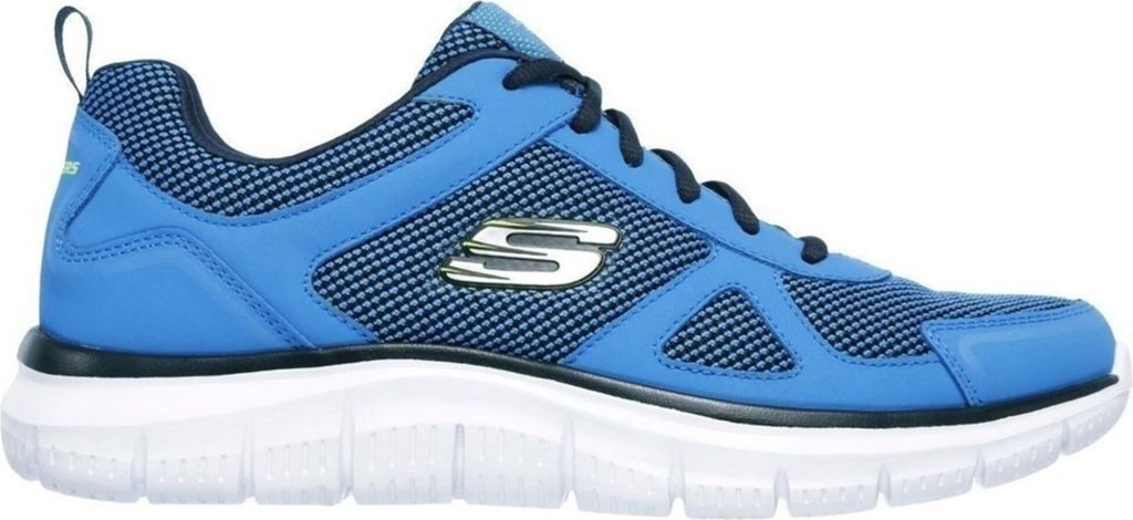 A side view of a blue Skechers sneaker on a white background.