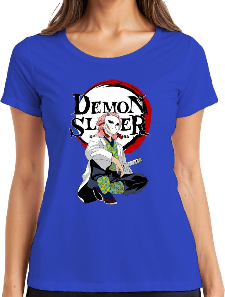 Demon Slayer Sabito Maske Anime Kimetsu no Yaiba Geschenk Damen T-Shirt, Blau, M