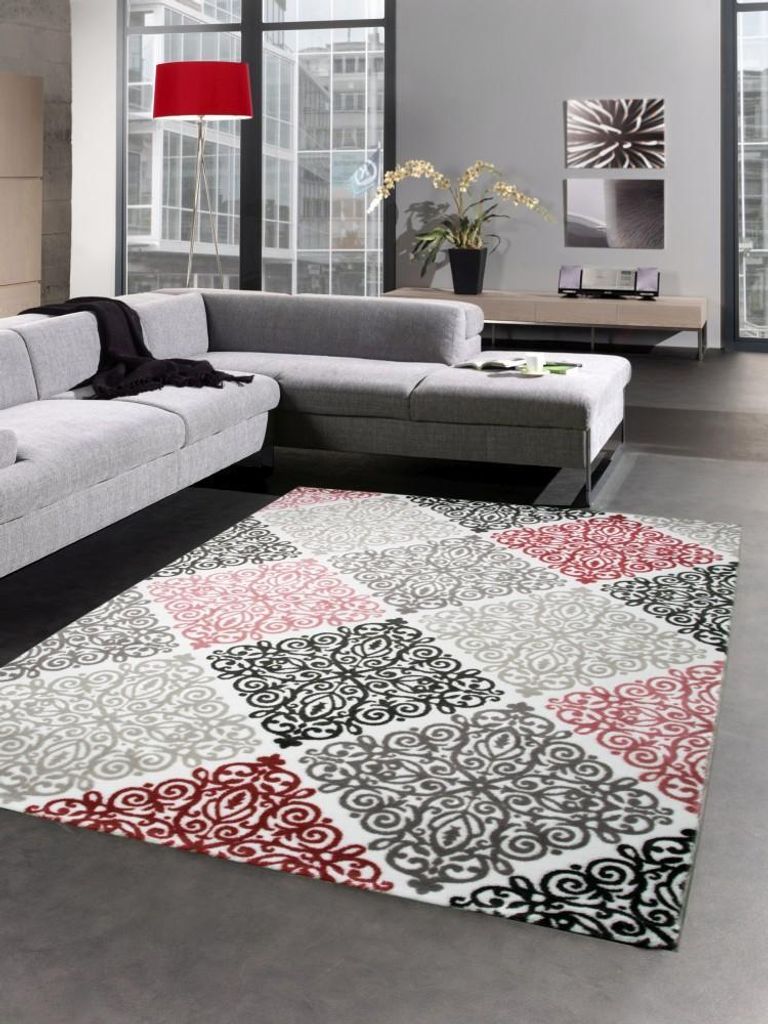 Designer Teppich Wohnzimmerteppich Ornamente barock rosa grau taupe mit Glitzergarn Größe - 80x150 cm