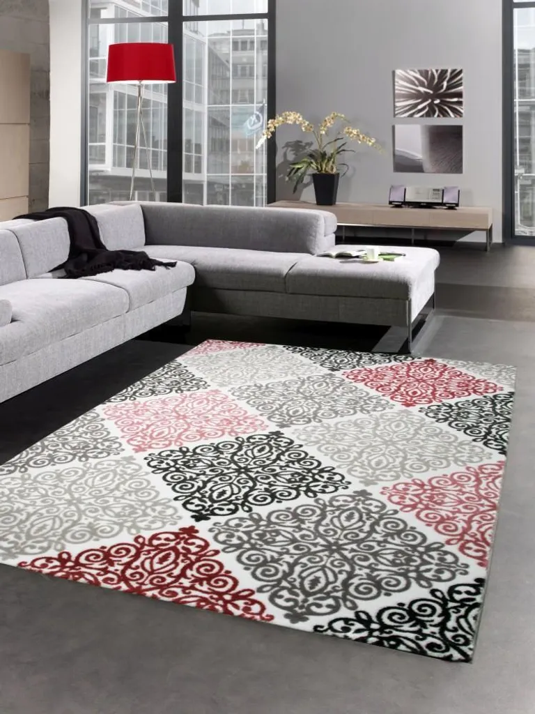 Tapis de salon baroque rose et gris taupe à fils scintillants 80x300 cm