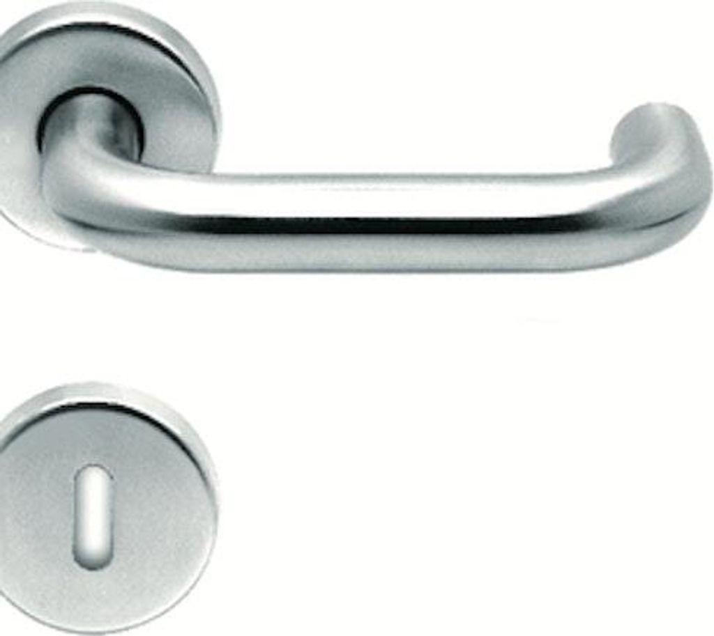 A stainless steel door handle set with a keyhole escutcheon on a white background.