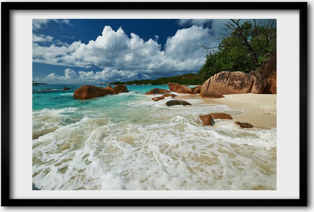 Bild 60x40 MDF-Rahmen, Wandkunst Strand Seychellen