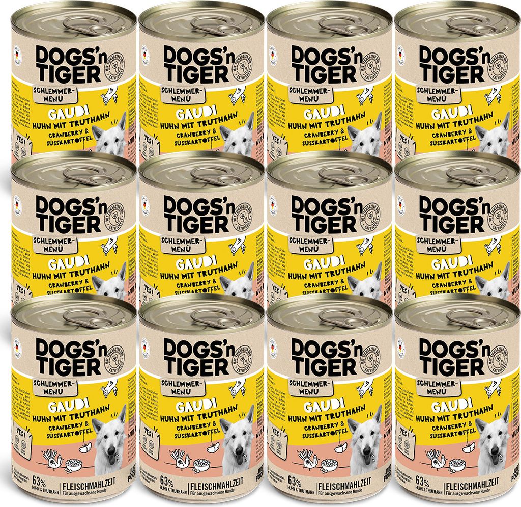 Dogs’n Tiger Adult Hundefutter, Gaudi, Nassfutter, Getreidefrei, Huhn, Truthahn, Cranberry & Süßkartoffel, 12x400g