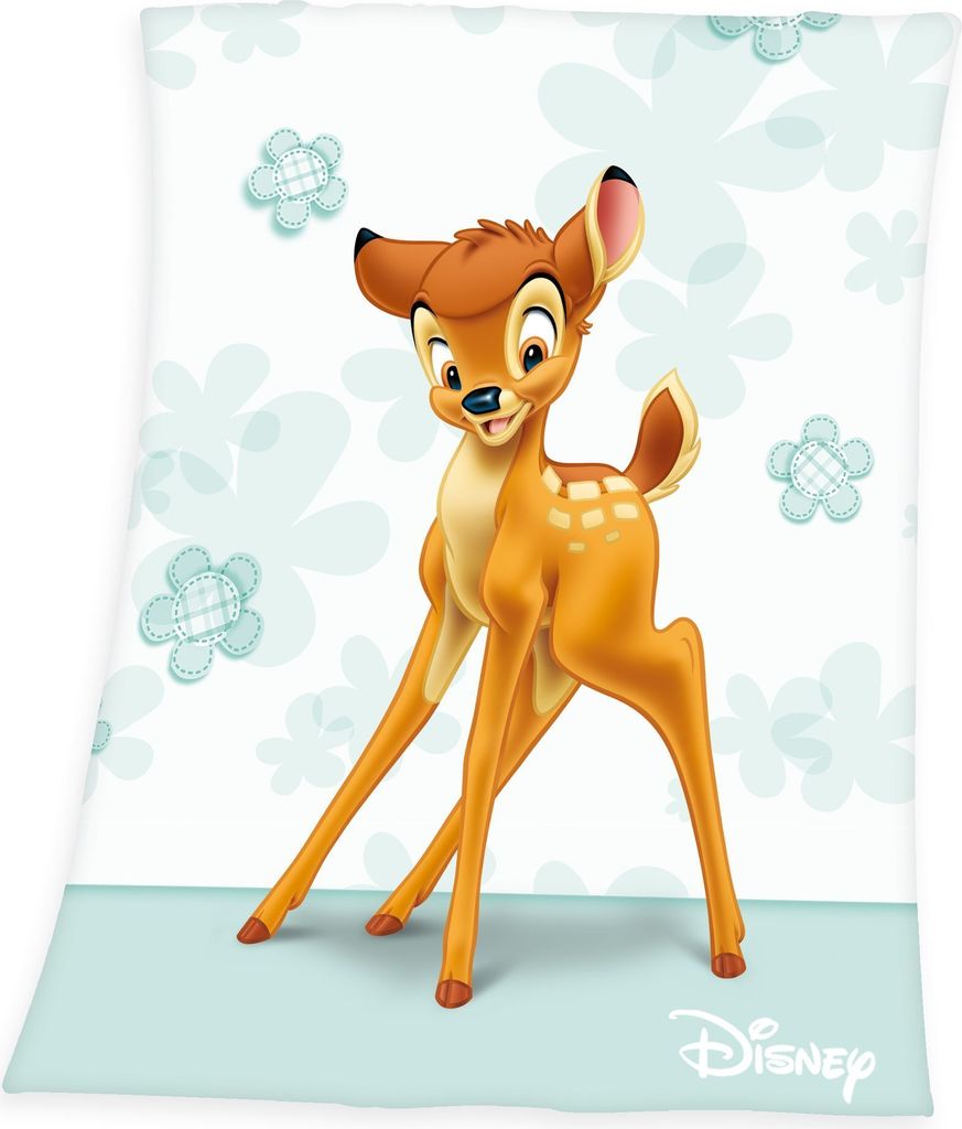A cartoon deer on a light blue and white background with floral patterns.