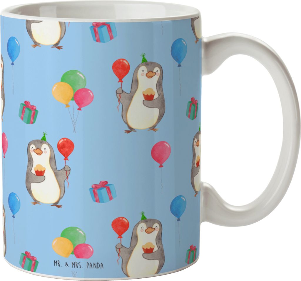 Mr. & Mrs. Panda Teetasse Pinguin Geburtstag - Blau - Geschenk, Luftballon, Kaffeebecher, bedruckt, haferl, Tasse, Happy Birthday, Pott, Kerze