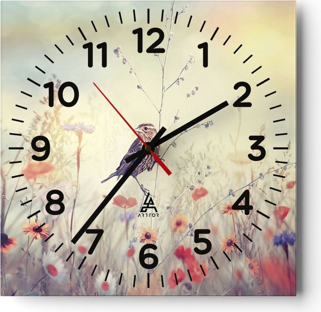 Wanduhr - Quadrat - Glasuhr - Vogel Wildschwein Wiese - 30x30cm - Schleichendes Uhrwerk - Lautlos - zum Aufhängen bereit - Dekoration Modern - Wan...