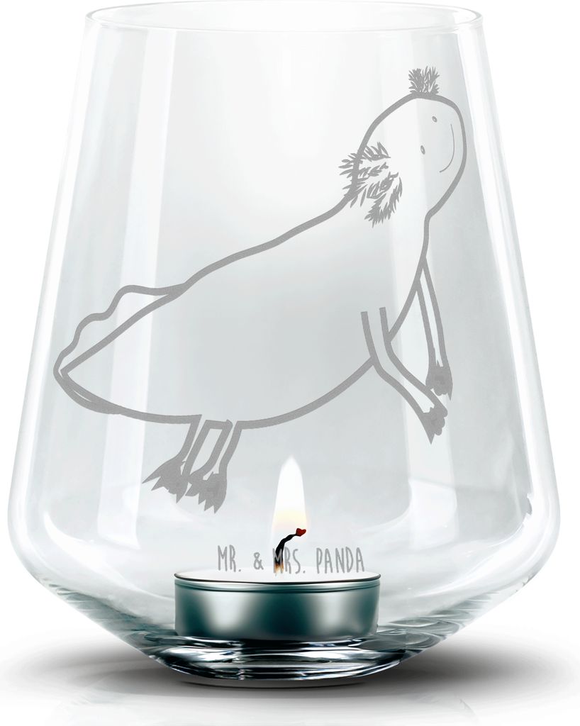 Mr. & Mrs. Panda Glas Teelichthalter Axolotl Schwimmen - Transparent - Geschenk, Kerzenhalter, Lurche, Optimistisch, Windlicht, Motivation, glückl...