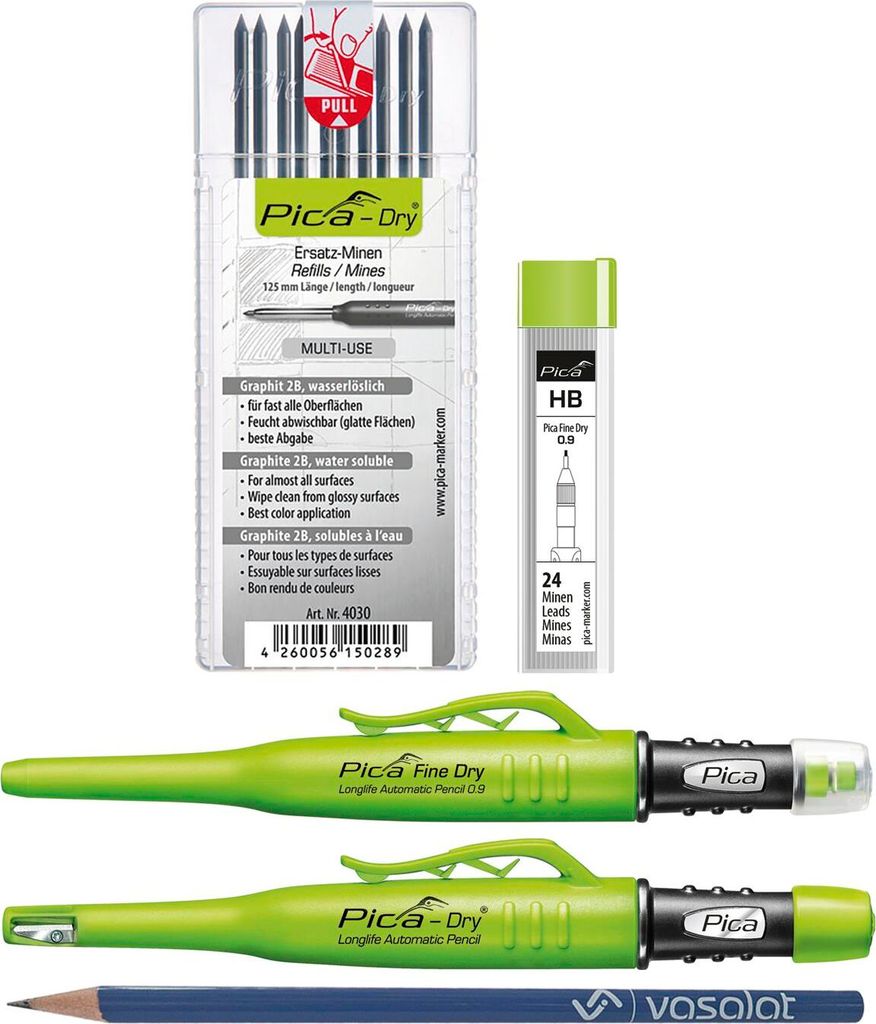 Pica Marker Set - Pica Fine Dry 0.9 + Pica Dry + 10 Stück Ersatzminen graphit 2B Multi-Use + 24 Stück Ersatzminen graphit HB