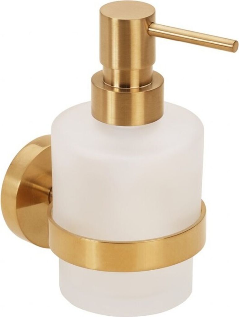 BABLO Seifenspender MINI Messing Milchglas Gold matt 100x75x145 mm, 200 ml für Bad & Küche >> zum Bohren oder Kleben