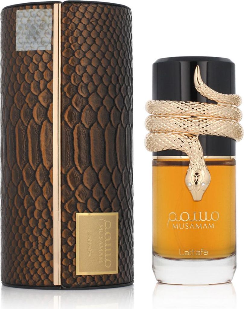 A perfume bottle and its packaging are displayed against a white background.