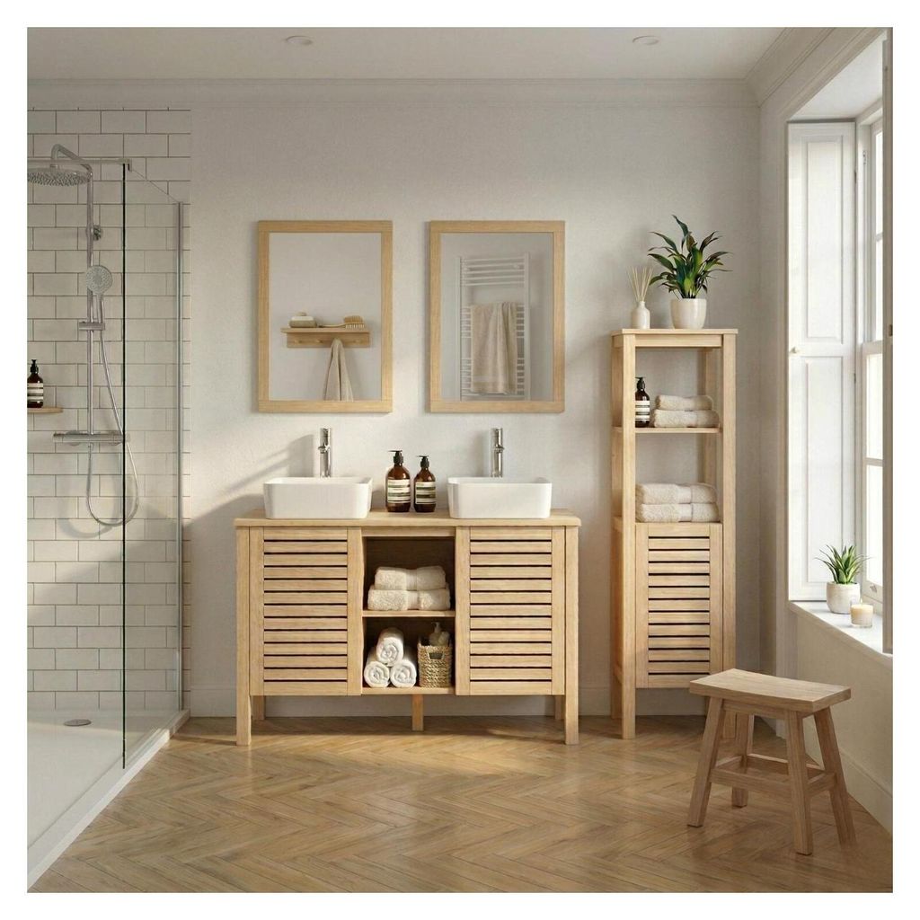 Doppelwaschbecken 120cm Eiche, Armatur, Spiegel und TALIX-Säule