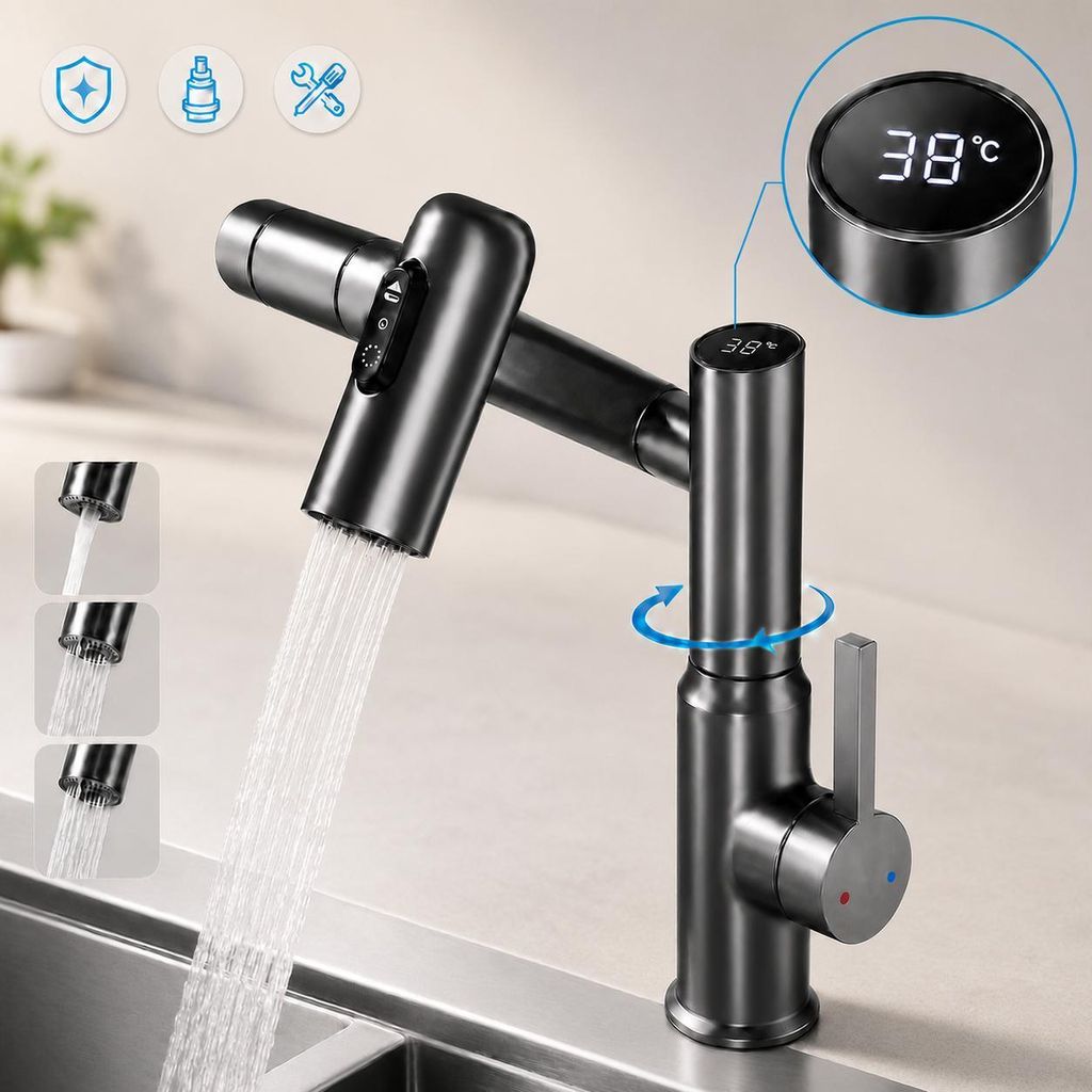 Wasserhahn Bad mit 3 Strahlarten, LED-Temperaturanzeige Produktbild 