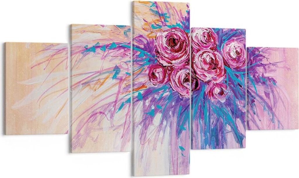 Bild auf Leinwand - Leinwandbild - 5 Teile - Blumenstrauß Blumen Rosen - 125x70cm - Wand Bild - Wanddeko - Wandbilder - Leinwanddruck - Bilder - W...