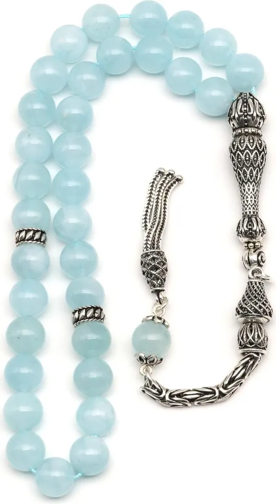 Tasbih en pierre aigue-marine bleue - Chapelet 33 perles argent massif