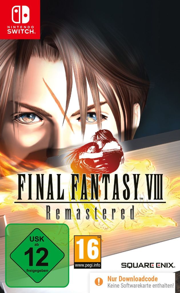 The image is a promotional cover for the video game Final Fantasy VIII Remastered for Nintendo Switch. It features artwork of the main characters and game title, along with age rating symbols and developer logos.