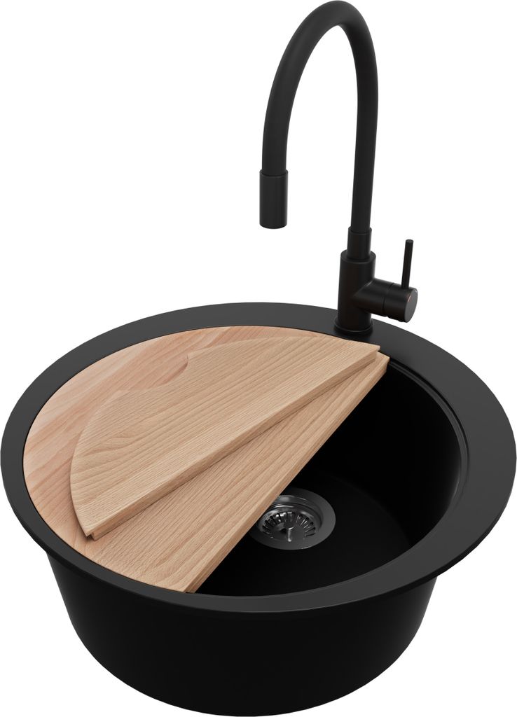 PRIMAGRAN Granitspüle Schwarz 53x53cm, Spülbecken Rund 1 Becken + Ablauf-Set + Küchenzubehörset, Küchenspüle ab 50er Unterschrank - Pisa Max