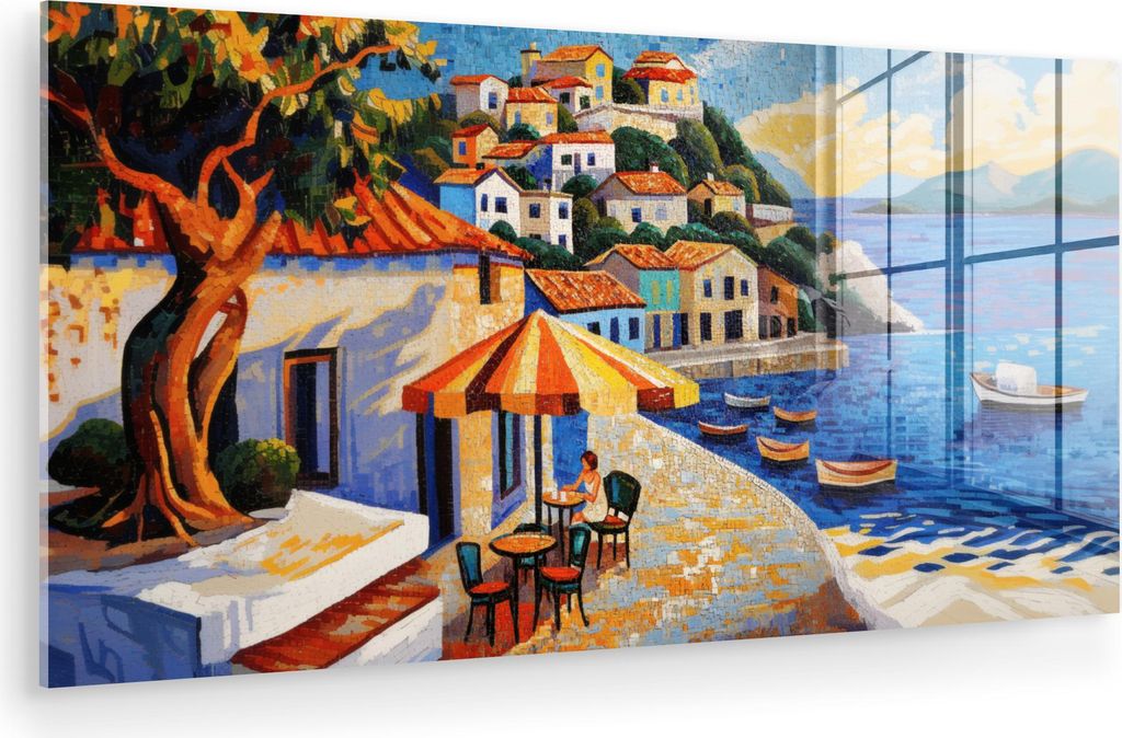 MuchoWow Glasbilder - Bilder auf Wandbild - Foto auf Glas Küstendorf - Ferienhäuser - Mosaik - Meer 40x20 cm Wanddekoration aus Glas - Acrylglasb...