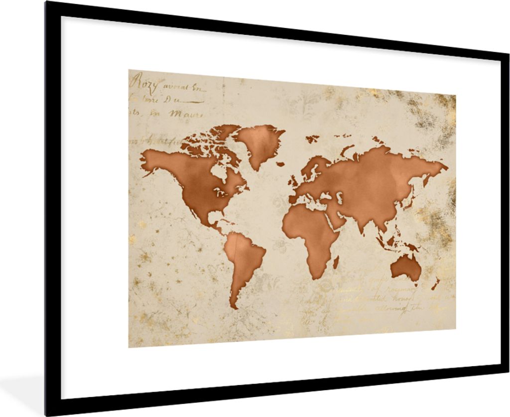 MuchoWow MuchoWow Gerahmtes Poster Weltkarte - Papyrus - Kupfer 90x60 cm - Poster mit zchwarzem Bilderrahmen - Wanddekoration - Fotos