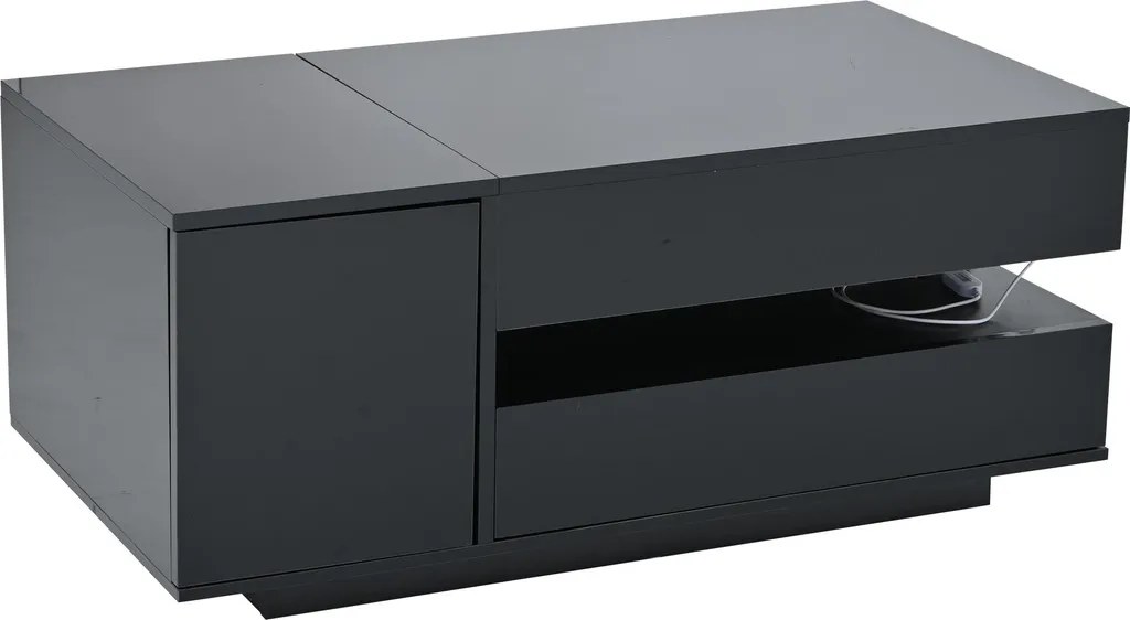 Table Basse Haute Brillance Relevable avec LED et Coffre de Rangement - 18