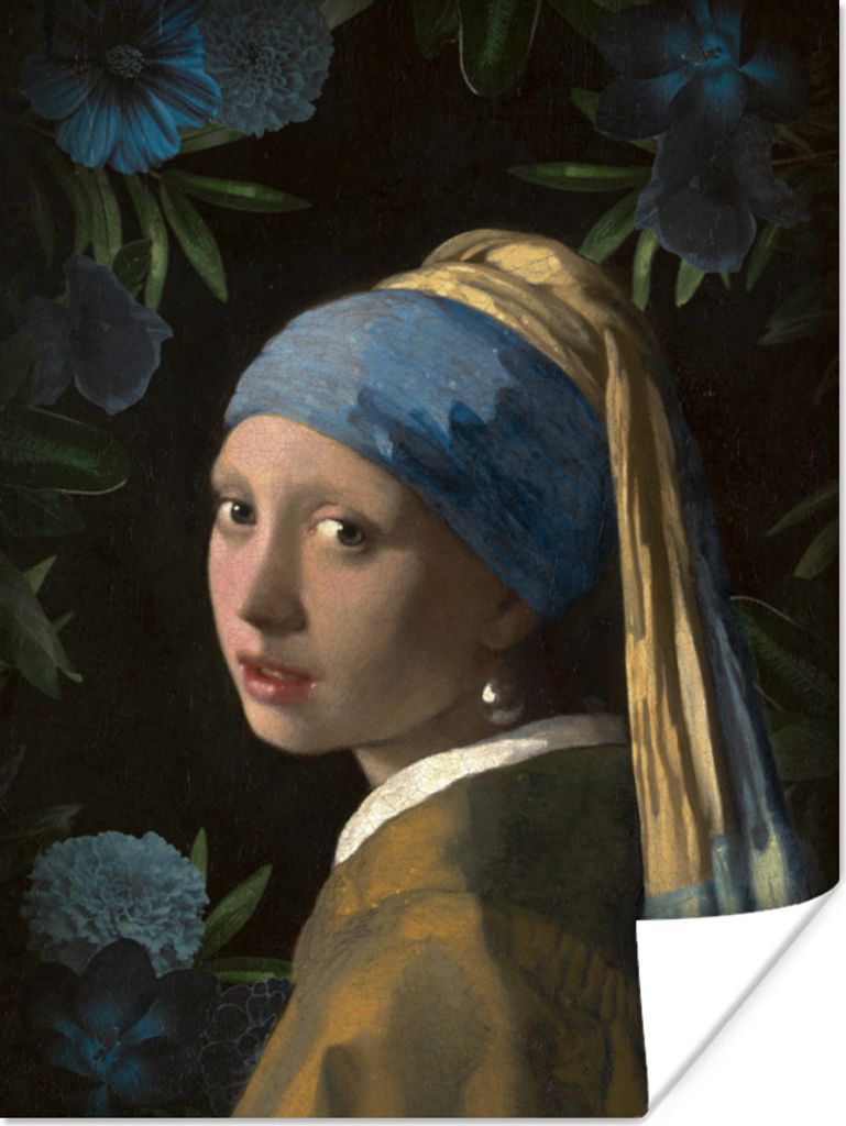 MuchoWow Poster Mädchen mit Perlenohrring - Vermeer - Blumen - Blau 60x80 cm - Schlafzimmer Dekoration