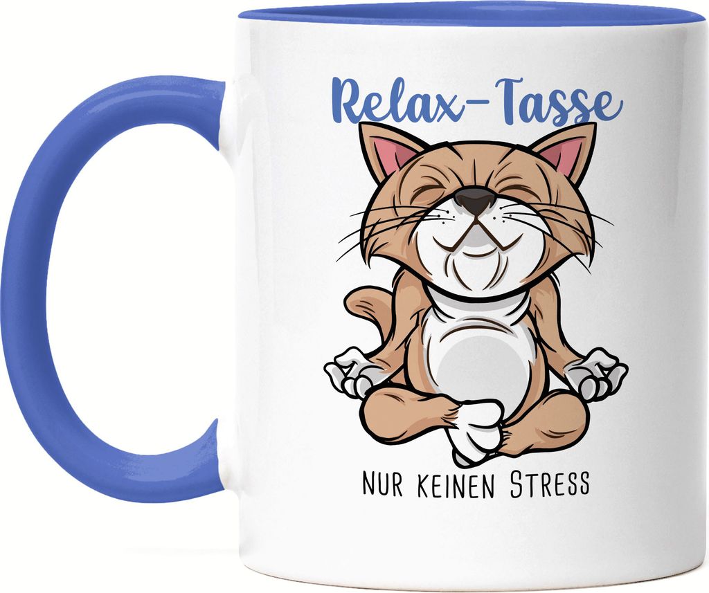 Relax nur keinen Stress Tasse Blau Meditation Lustig Spruch Ironie Katze Geschenk-Idee Bürokollegen Chillen Yoga