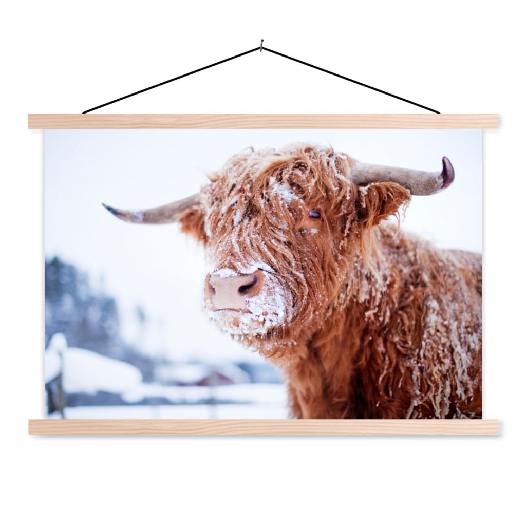 MuchoWow Textilposter Schottischer Highlander - Schnee - Braun 120x80 cm mit holzfarbenen Rahmen - Aufhängeset
