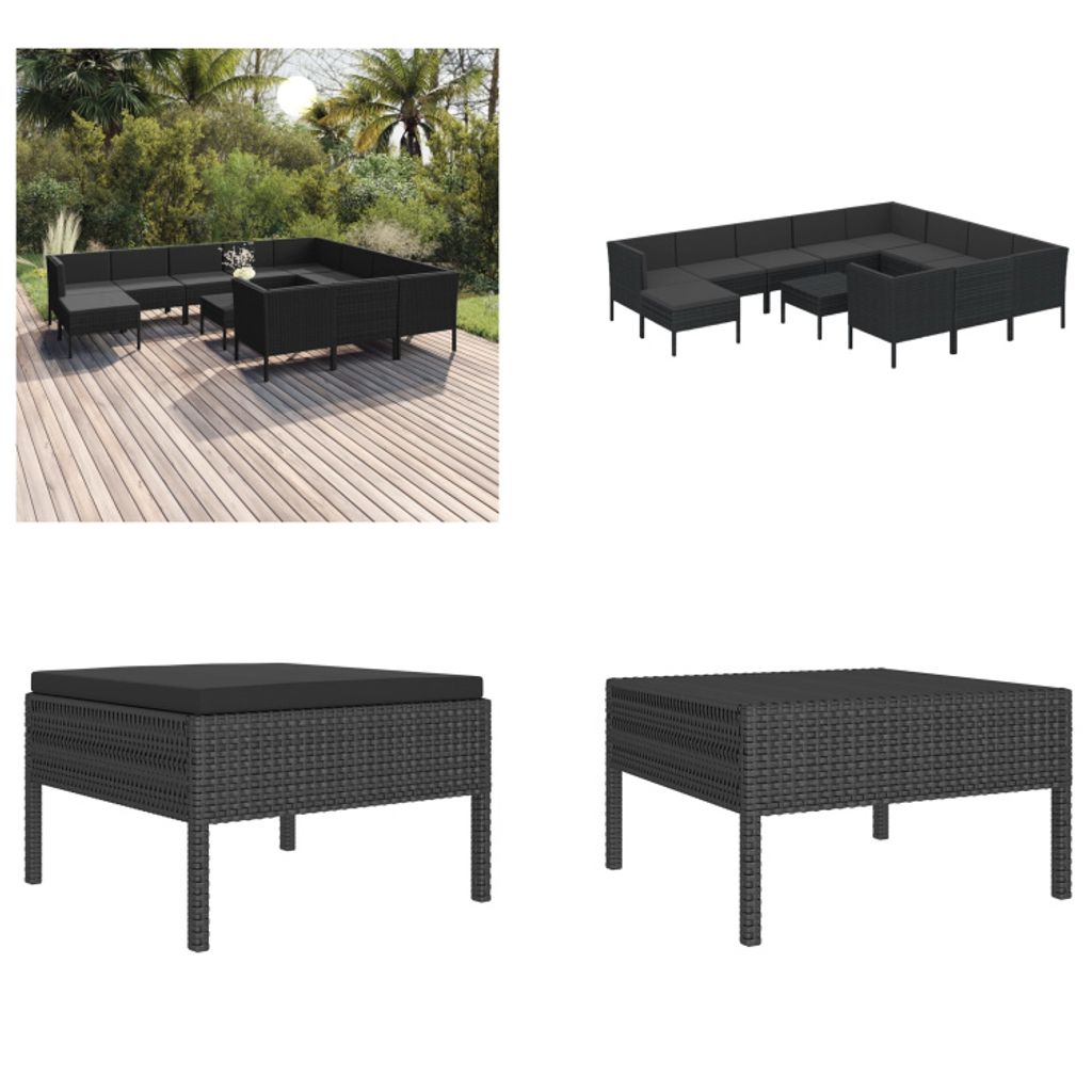 vidaXL 12 tlg. Garten Lounge Set mit Auflagen Poly Rattan Schwarz - Garten-Sofagarnitur - Garten-Sofagarnituren - Gartensofa-Set - Gartensofa-Sets
