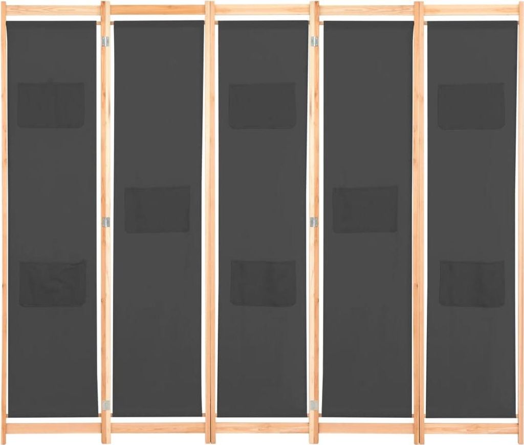 A five-panel room divider with dark gray fabric screens and light brown wooden frames, shown against a white background.