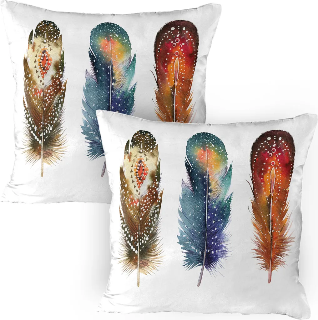 Grande housse de coussin 80x80 cm pour salon bohème motif plumes lot de 2